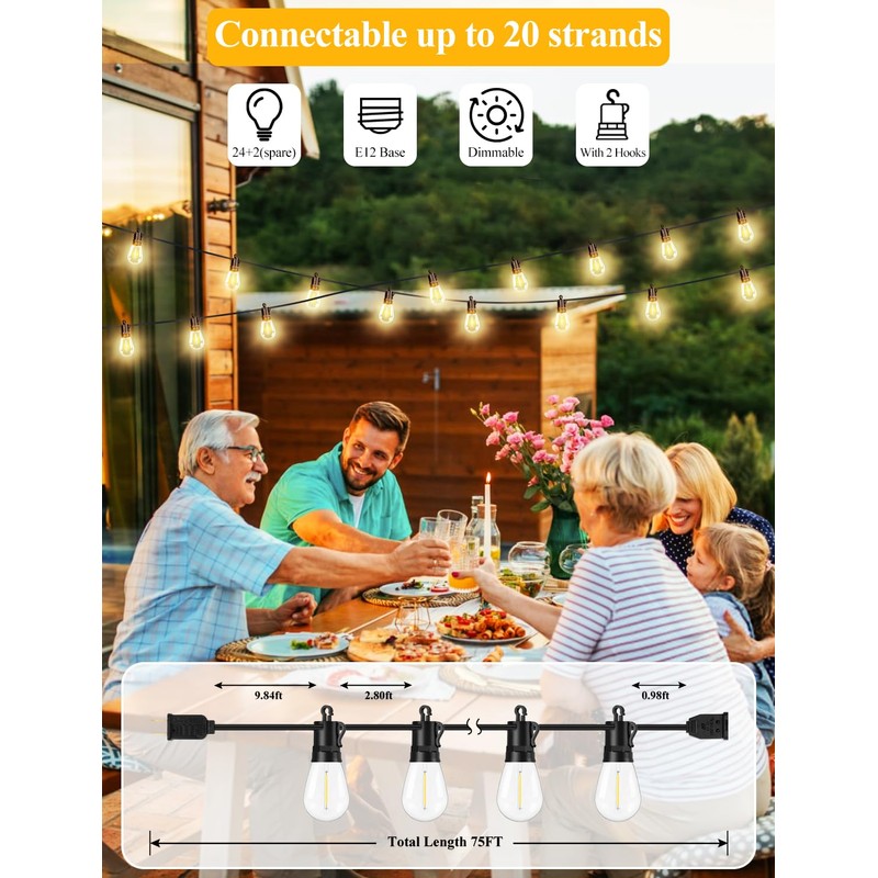 Brightever LED Outdoor String Lights, 75FT Patio Lights with 26