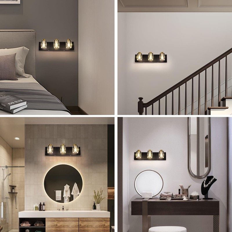 Modern Crystal Vanity Lights,3 Light Bathroom Vanity Light fixtures,Black and