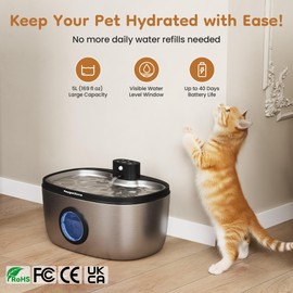 Keygarzone Wireless Cat Water Fountain: 5L Stainless Steel Pet Water Fountain for Cats & Dogs, Automatic Battery Operated Water Dispenser, Ultra-Quiet Indoor Fountain with Filter