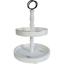 Two Tier Tray | Decorative Rustic Wood Farmhouse Decor for Kitchen Counter, Dining Table, Bathroom, Coffee Bar | Shabby Chic Wooden 2-Tiered Display Tray | Cupcake Stand | Dessert Serving Platter