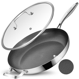 Bzayeat 12 Inch Hybrid Non-Stick Stainless Steel Frying Pan - With Lid & Helper Handle, Induction Compatible Skillet Dishwasher Safe, Oven Safe, Ideal for All Stovetops & Versatile Cooking
