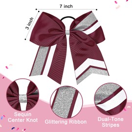 8PCS Cheer Bows Bulk Glitter Cheerleading Bows Girls Hair Bows Maroon Silver Cheer Bows Elastic Band Ponytail Holder for Cheerleaders Teen Girls College Sports Competition