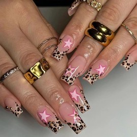 MERVF Square Press on Nails Long Fake Nails Leopard French Tip Glue on Nails Pink Star Press ons Rhinestones Design Acrylic Nails Cute Squoval False Nails for Women Glossy 24pcs