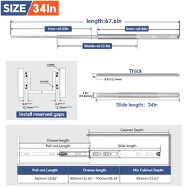ToBeGreat 1 Pair Heavy Duty Full Extension Drawer Slides 34 Inch, Side Mount Ball Bearing Cabinet Rails Tool Box Runners Tracks（Without Lock, 150lb