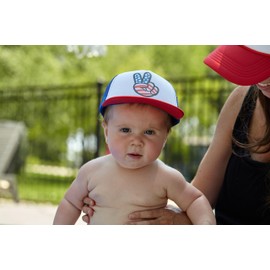 Funky Junque Infant Trucker Hat 6-12 Months, 4th of July Design, Foam Front, Mesh Back, Adjustable Snapback - USA Peace Fingers - White/Red/Blue