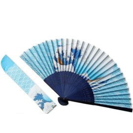 Kyoyu K-125 Silk Fan, Openwork Pattern, Bag Included, Wave, Blue