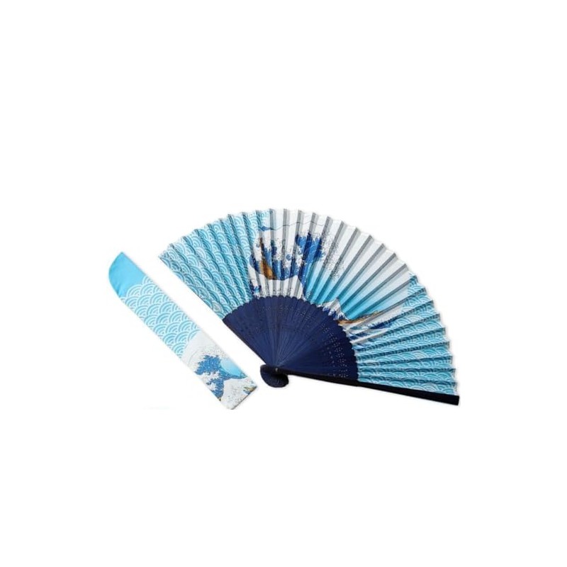Kyoyu K-125 Silk Fan, Openwork Pattern, Bag Included, Wave, Blue