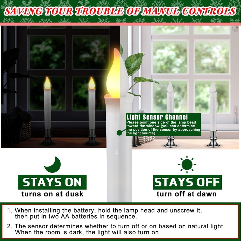 Baquler 8 Pcs Christmas LED Window Candles with Sensor Dusk