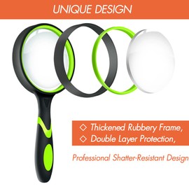 Leffis 2 Pack 10X Magnifying Glass for Seniors & Kids, Non-Slip Handheld Magnifier for Reading, 75mm Magnify Glasses Lens for Close Work, and Hobby Observation Green and Orange
