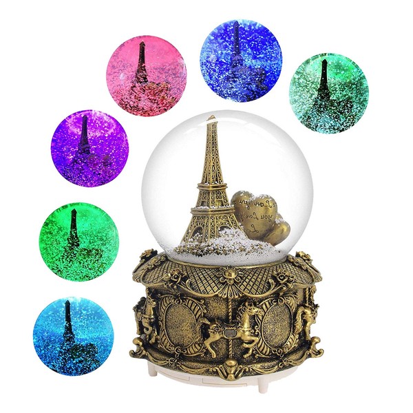 DELIWAY Eiffel Tower Musical Snow Globe with Automatic Snowfall and Colorful Lights, 100mm 6" Tall Souvenirs Collection (Gold Tower)