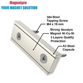 Magnetpro Pack of 4 Rectangular Magnets 55 kg Force 60 x 20 x 6 mm with Hole and Steel Capsule, Household and Industrial Pot Magnet with Screws