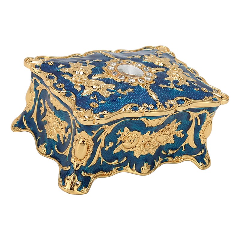 Royalblue Rhinestone Jewelry Box Ring Retro Flower Engraved Earrings Necklace