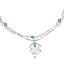 Vanbelle 925 Sterling Silver Jewelry - Rhodium Plated - Dangling Double Layer Four Clover Charm Bracelet with Natural Stone Beads - Stylish Hand Bracelet for Women 6.50" long + 1" extender