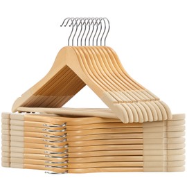 SONGMICS Set of 20 Wooden Hangers with Velvet Surface, Non-Slip Coat Hangers with Shoulder Grooves, Pants Bar, 360° Swivel Hook, for Jackets, Shirts, Natural UCRW012N02