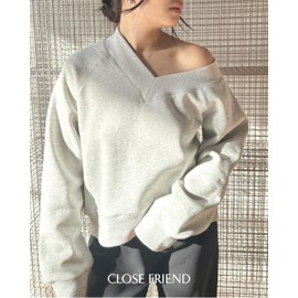 Close Friend Womens Casual Long Sleeve Sweatshirt V Neck Cute Pullover Off Shoulder Relaxed Fit Tops (US, Alpha, Large, Regular, Regular, GRAY)