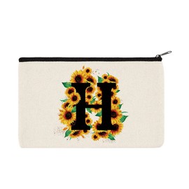 WIRESTER Canvas Zipper Makeup Bag, Cosmetic Pouch, Organizer Case for Women Girl, Multi-Purpose Travel Cosmetic Bag - Black Letter H Alphabet Sunflowers