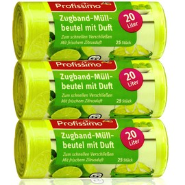 Profissimo 20 Litre Drawstring Bin Liners with Fresh Citrus Scent - Pack of 3 - 75 Bags (3 x 25 Pieces) - Ideal for Home, Office and Bathroom