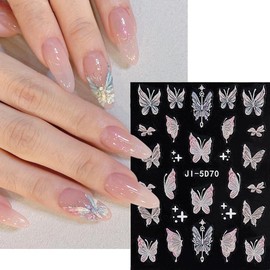 Butterfly Nail Stickers - 3PCS 5D Embossed Aurora Butterfly Nail Decal Nude Pink Shining Butterfly Nails Adhesive with Designs Nail Supplies Butterfly Sticker for Nails Women DIY Manicure Decoration