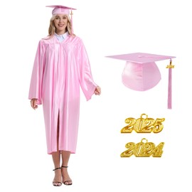 TngHui Unisex Shiny Pink Graduation Gown Cap with Tassel 2024 2025 Year Charm for High School and College Graduates Size 48(5'3"-5'5"
