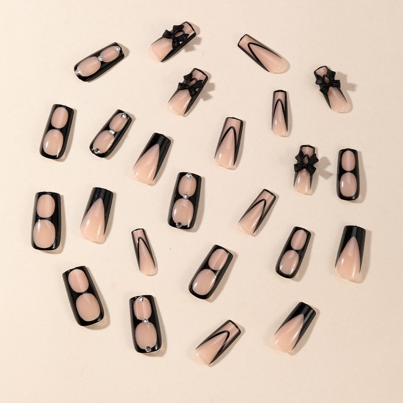 24pcs Long Square Press On Nails – Black Handmade False