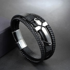 REchoLI Cross Bracelet for Man,Stainless Steel Black Braided Leather Bracelet with Stainless Steel Silver Cross Stylish Christian Jewelry