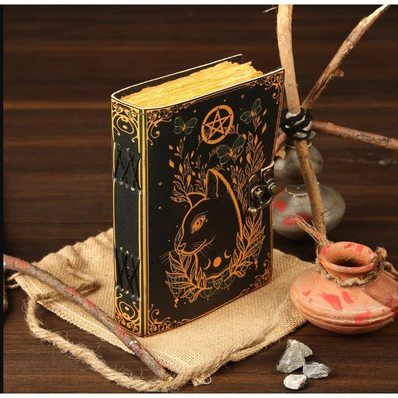 Grimoire journal Leather Print Caltic Cat journal Blank Spell book