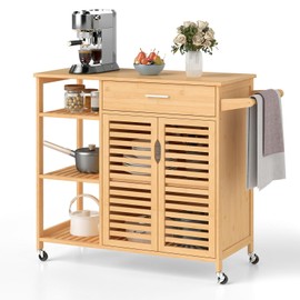 Moccha Rolling Kitchen Island Cart - Bamboo Kitchen Carts on Wheels with Storage Cabinet, Large Drawer, 3-Tier Open Shelf, Towel Rack, Sideboard, Mobile Kitchen Table for Dining Room Living Room Bar