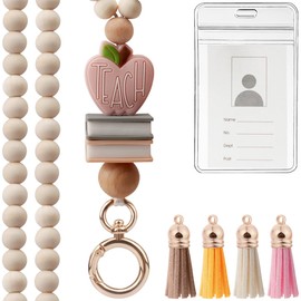 UGELOKI 2024 Teacher Lanyard with ID Holder, Fashion Wood Beaded Lanyard for Key, Super Cute Boho Breakaway Lanyard for Women