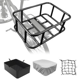 Bike Basket Rear Bicycle Basket with Cargo Net and Removable Liner Bag Bike Rear Basket Heavy Duty Waterproof Cover for Most Bikes and E-Bike