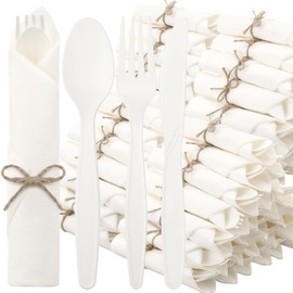 Honeydak Pre Rolled Napkin Cutlery Set (400pcs, 100set) 100% Compostable Utensils 7" Large Disposable Utensils Wrapped Forks Knives Spoons Napkins Cornstarch Silverware Cutlery for Party(White)