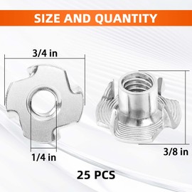 1/4"-20 T-Nut, 5/16" Barrel Length, 304 Stainless Steel Threaded Insert, 4-Pronged Tee Nut for Wood, Rock Climbing Holds,Cabinetry, Furniture, 25 PCS