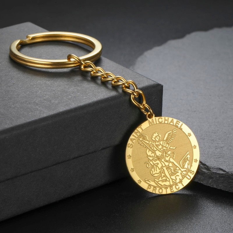 TEAMER Saint Michael Keyring Stainless Steel Religious St Michael Keychain,