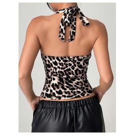 Floerns Women's Leopard Print Halter Top Y2k Sleeveless Vintage Club Crop Tank Top Khaki Large