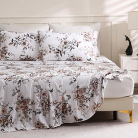 LONAVA Floral California King Size Bed Sheet Set, 6 Piece, Deep Pocket Light Grey Fitted Sheet, Comfy & Breathable Patterned Flat Sheets, 100% Brushed Microfiber, Tropical Flower Printed