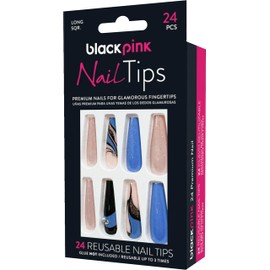 Blackpink Press-On Nail Tips Ready Painted Long Perfect Fit Ready To Go, Glue Included, Reusable, Glue on Nails, Long Nail Kit 24PC