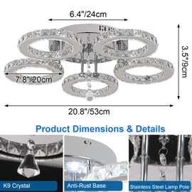 Deckrico Crystal Chandelier Modern LED 5-Rings Light Fixtures Flush Mount Stainless Steel Pendant Ceiling Lamp for Living Room Bedroom Restaurant Porch Dining Room (Cool White)