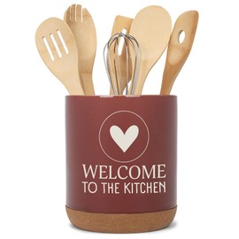 Elanze Designs Welcome to the Kitchen Ceramic Cork Bottom Red Large Capacity Utensil Holder Crock for Countertop Storage, Stylish & Durable for Spoons, Spatulas, and Cooking Tools