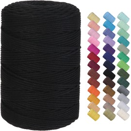 GOHOF Macrame Cord 3mm x 300m Premium Cotton Macrame Rope, 4 Strand Twisted Soft Cotton Cord, One of The Most Perfect Materials for Macrame Art, Cotton String Without Chemicals (Black)