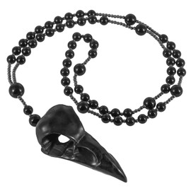SUNYIK Carved Black Obsidian Raven Skull Pendant Necklace for Men Women, Norse Viking Crow Skull Stone Pendant with Black Beaded Necklace