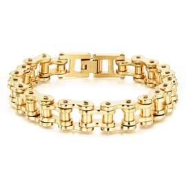 Heavstjer Men's Hip Hop Locomotive Stainless Steel Bicycle Chain Bracelet (Gold)
