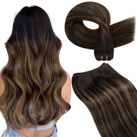 Hetto Sew in Hair Extensions Real Human Hair Balayage Brown Weft Hair Extensions Human Hair Dark Brown Balayage Light Brown Sew in Human Hair Extension for Woman Straight 16 Inch 80G