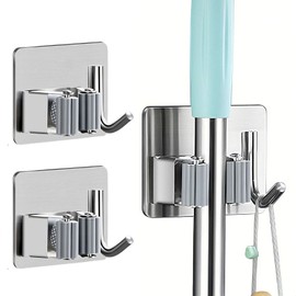 BOBOAR Broom Holder Wall Mount Hanger Holder Wall Mount,2 Pack Mop and Broom Hooks Stainless Steel Self Adhesive