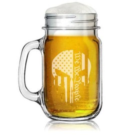 16oz Mason Jar Glass Mug w/Handle Gift We The People Skull American Flag