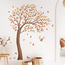 Tanlaby Large Tree Wall Stickers Autumn Leaves Birds Wall Decals Peel and Stick Fall Leaf Art Decor for Baby Nursery Kids Bedroom Playroom Kindergarten (H: 164 CM)