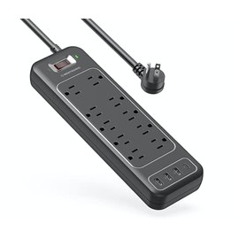 Power Strip Surge Protector , Regleta de Alimentación con protector contra sobretensiones 2100 julios , 10 tomacorrientes con 3 puertos de carga USB-A y 1 USB-C , color negro , enchufe plano , 1.8 mt.