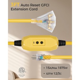WILAWELS 3FT Extension Cord, GFCI Outdoor Extension Cord, Heavy Duty Cable with LED Lighted 3-Prong Outlet, Automatic Reset, 12/3 AWG SJTW, for Multiple Scenes, UL Listed, Yellow Y05EC06