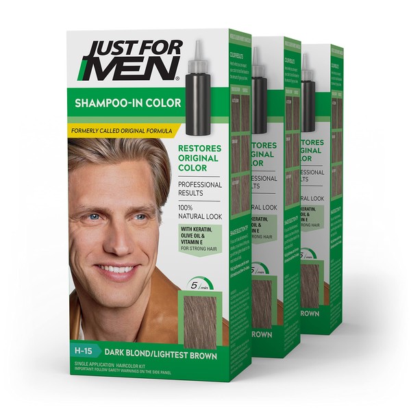 Just For Men Shampoo-In Color (Formerly Original Formula), Mens Hair Color with Keratin and Vitamin E for Stronger Hair - Dark Blond/Lightest Brown, H-15, Pack of 3