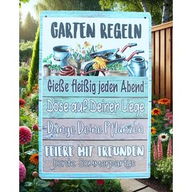 KAMACA Metall Gartenschild mit Gartenregeln Wandschild mit Sprüchen charmante Dekoration für Ihren Garten Outdoor Blechschild zum Aufhängen (Metallschild Gartenregeln)