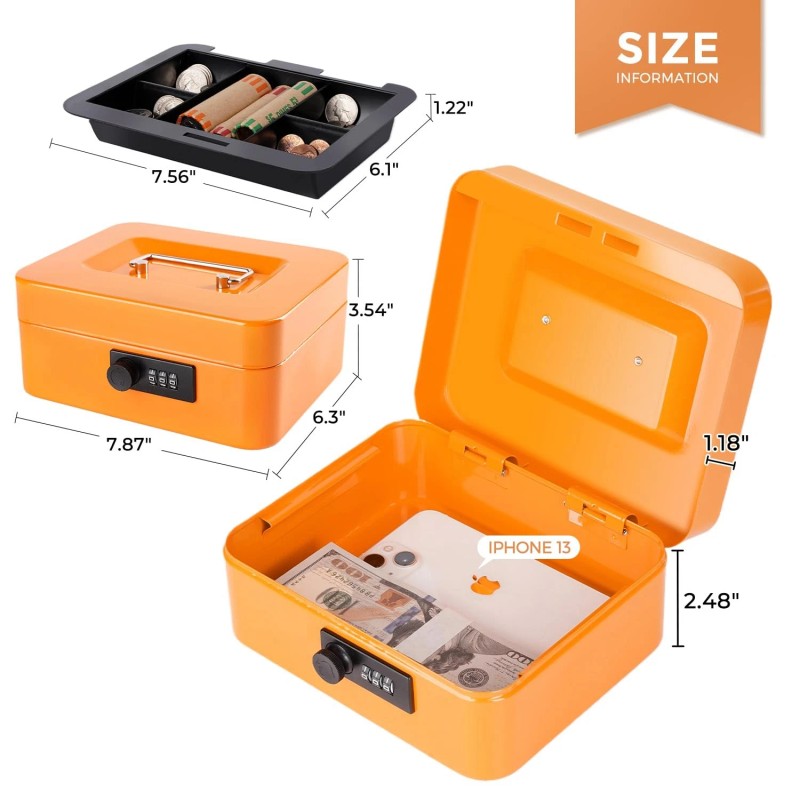 Goehiaul Cash Box with Money Tray and Combination Lock Metal