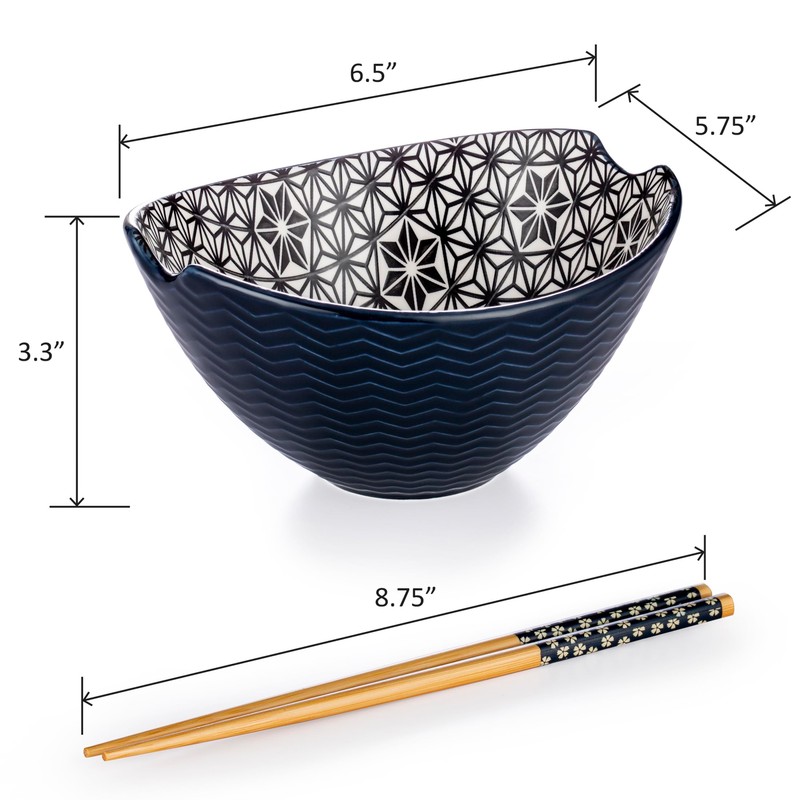 Signature Housewares Pad Print Blue/Black Ceramic Oval Noodle Bowl with